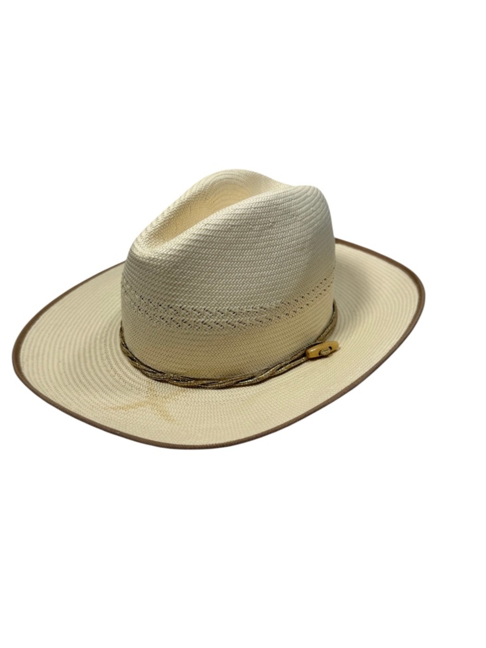 TRACY WATTS Brooklyn Ivory Toyo Straw Western Fedora Hat Gold Rope Band M
